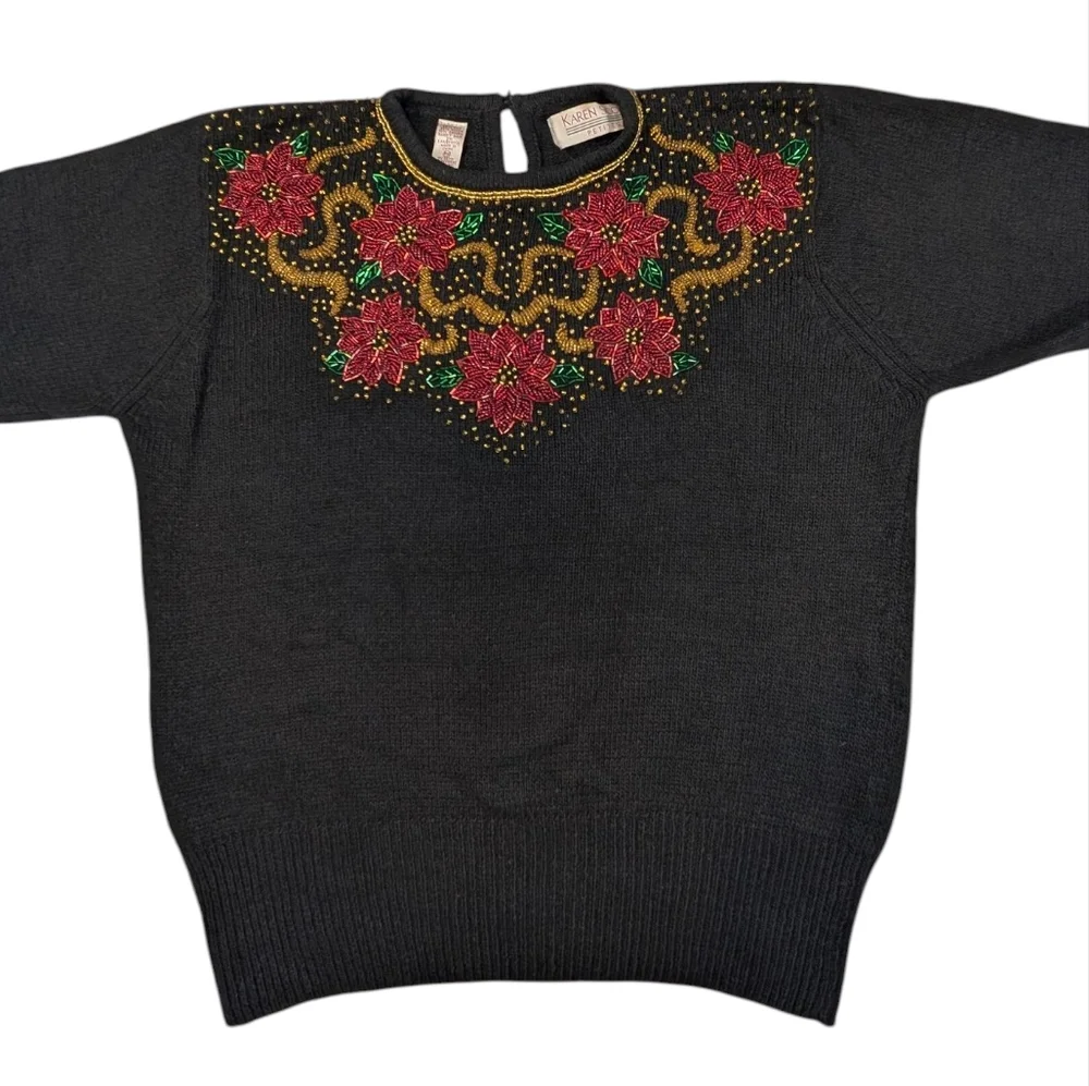 Vintage Karin Scott Petites beaded poinsettia Silk/Angora/Wool sweater. PMedium